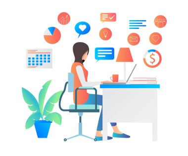 woman with office chair working at workplace and work desk with laptop, flat style vector illustration