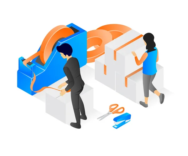 Isometric Flat Illustration Worker Packing Online Shop Order — Archivo Imágenes Vectoriales