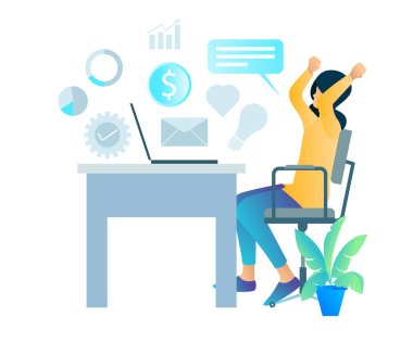 Flat design concept about successful business woman with arms up - Vector illustration for website banner, marketing material, business presentation, online advertising