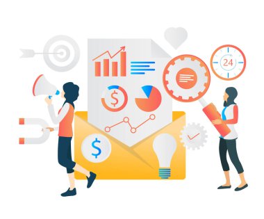 Flat style illustration of marketing strategy, data analysis and business growth