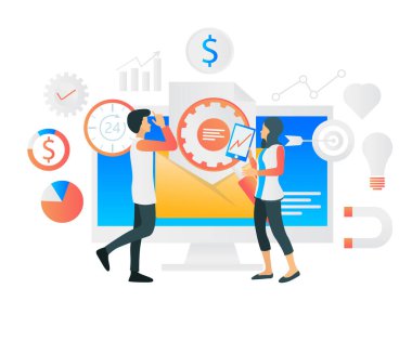 Flat style illustration of marketing strategy, data analysis and business growth