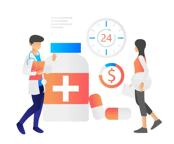 Flat style illustration of a health pharmacy, a doctor and pharmacist