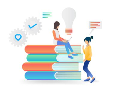 Flat style illustration reading a book in the library