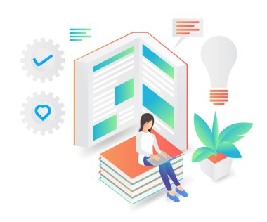 Flat style illustration reading a book in the library