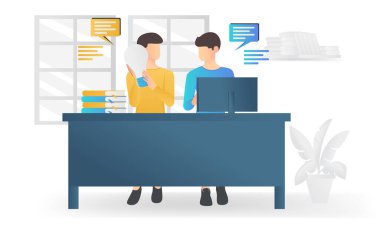 Isometric style illustration of sharing ideas among business workers