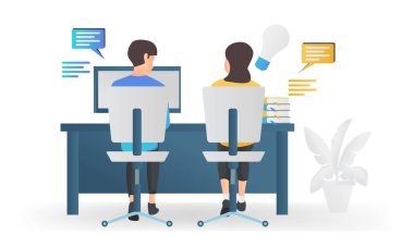 Isometric style illustration of sharing ideas among business workers