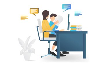 Isometric style illustration of sharing ideas among business workers