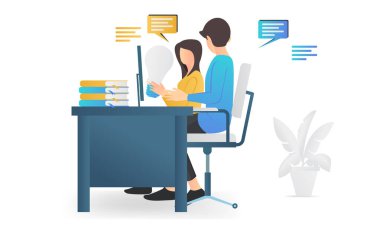 Isometric style illustration of sharing ideas among business workers