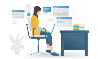 Isometric style illustration of a woman make a content idea in laptop
