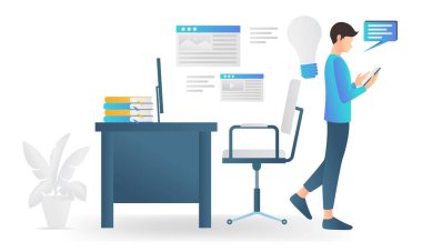 Isometric style illustration of a man reading content via smartphone