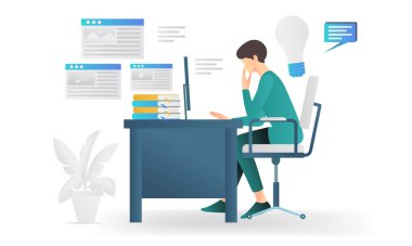 Isometric style illustration of a man reading content via computer
