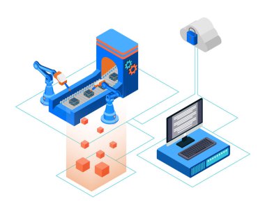 Isometric style illustration of a conveyor machine with data storage or cloud commands