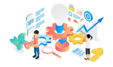 Isometric style illustration about business app startup with rocket launch