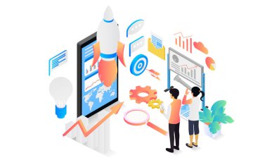 Isometric style illustration about business app startup with rocket launch