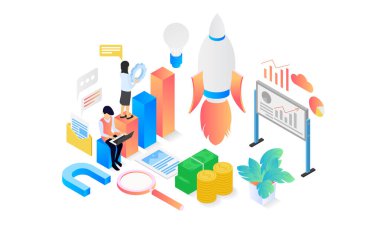 Isometric style illustration about business app startup with rocket launch
