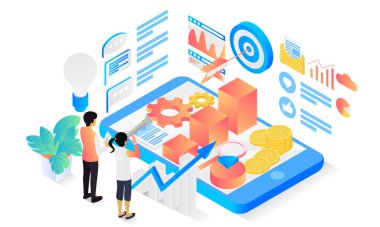 Isometric style illustration about business app startup with rocket launch