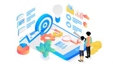 Isometric style illustration about business app startup with rocket launch