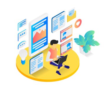 Illustration of man make engage and viral content in isometric style