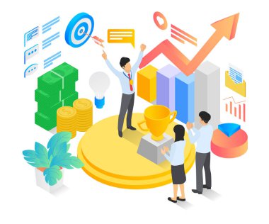 Successful business illustration, A man feels happy to be on the stage of success and others clapping under the stage. Isometric vector illustration design concept