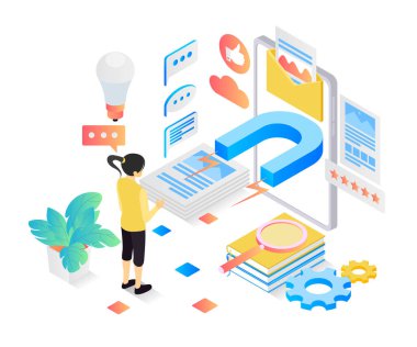 Illustration of people make engage and viral content in isometric style 