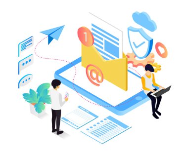 Email service security, isometric vector illustration design concept for website, flyer, banner, home page, landing page