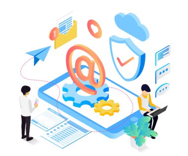 Email service security, isometric vector illustration design concept for website, flyer, banner, home page, landing page