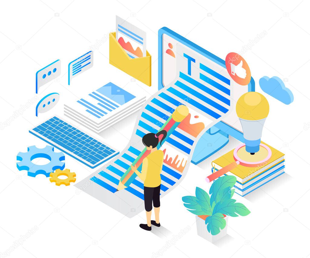 Illustration of people make engage and viral content in isometric style 