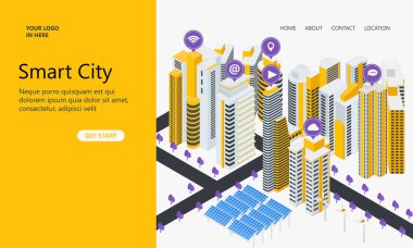 Smart City beyaz bina izometrik ve simgesinin iniş sayfası