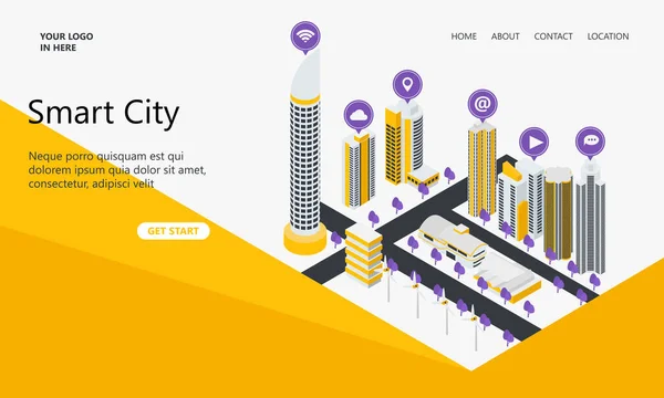 Landing Page Smart City Edificio Blanco Isométrico Icono — Vector de stock