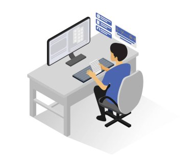 Laptop bilgisayarı olan bir ofis çalışanı. vektör simgesi.