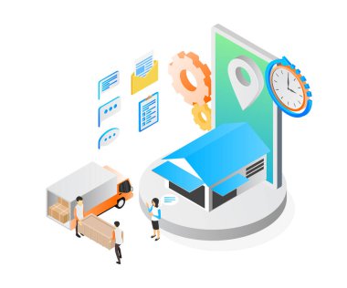 İş ve teknoloji simgelerinin izometrik vektör çizimi.