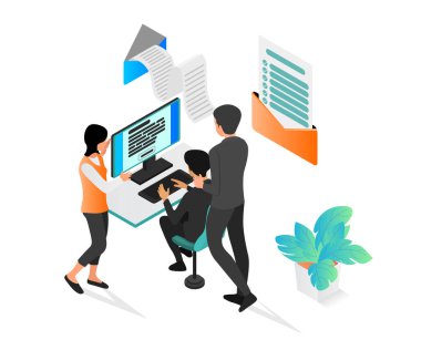 İş adamları dizüstü bilgisayar ve belge vektör illüstrasyon tasarımı ile birlikte çalışıyor