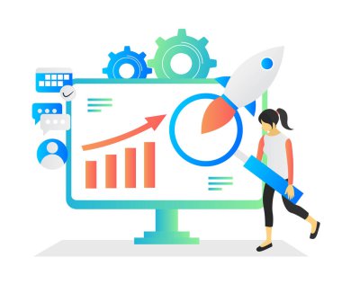 Bilgisayarı ve roket çizelgesi olan iş adamları. vektör illüstrasyonu