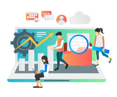 Laptop ve akıllı telefon vektör illüstrasyon tasarımı ile çalışan iş adamları