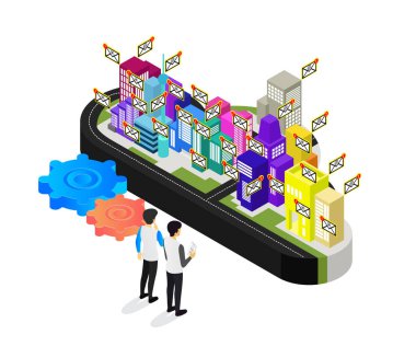 Bulut şekilli haritanın şehirli izometrik vektör çizimi ve e-posta bildirimleri