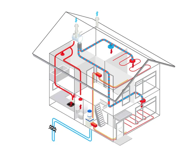 建筑物内安装暖气及空调的病媒图解 — 图库矢量图片
