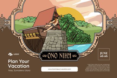 Set Nias Sumatera Utara Illustration. Hand drawn Indonesian cultures background