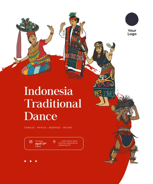 Set Famous Dance Indonesia Illustration Template Social Media Hand Drawn — ストックベクタ