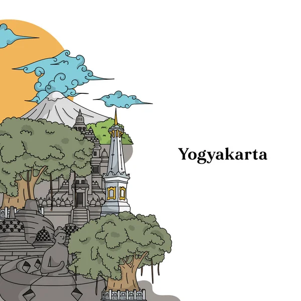 Illustration Yogyakarta Landmark Hand Drawn Indonesian Illustration Borobudur Temple Prambanan — Stockový vektor