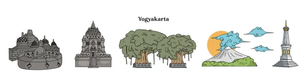 Isolated Yogyakarta Landscape Template Borobudur Temple Prambanan Temple Tugu Jogja — Vector de stock