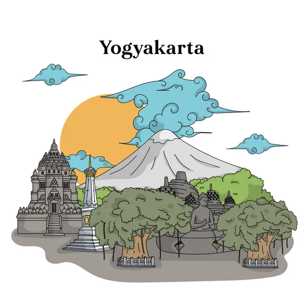 Illustration of Yogyakarta landmark. Hand drawn Indonesian illustration. Borobudur temple, Prambanan temple, Tugu Jogja.