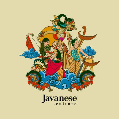 Set Javanese Illustration. Hand drawn Indonesian cultures background