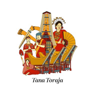 Set Torajan South Sulawesi Illustration. Hand drawn Indonesian cultures background