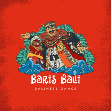 Balinese baris dancer illustration. Hand drawn Indonesian cultures for social media template or background