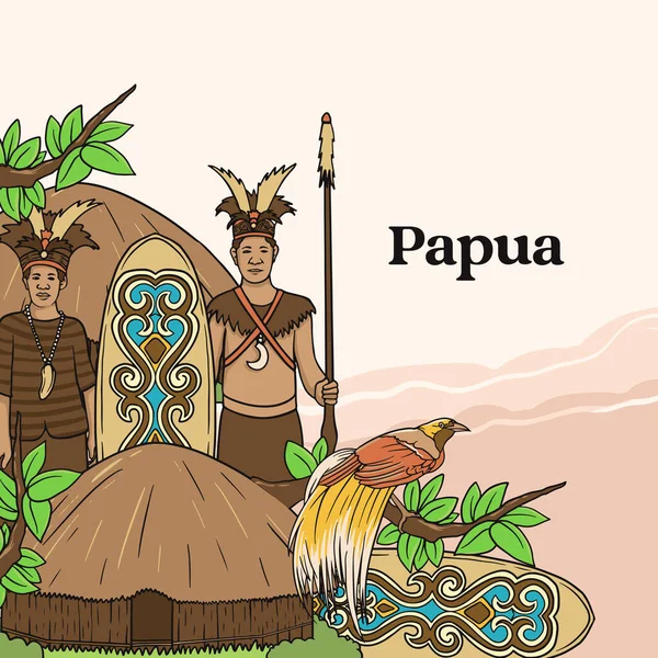 Set Papua Illustration Hand Drawn Indonesian Cultures Background — Stockový vektor