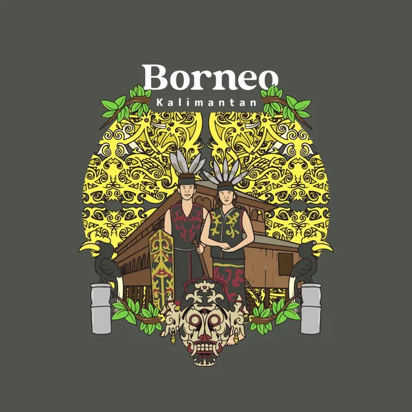Set Borneo Kalimantan Illustration. Hand drawn Indonesian cultures background