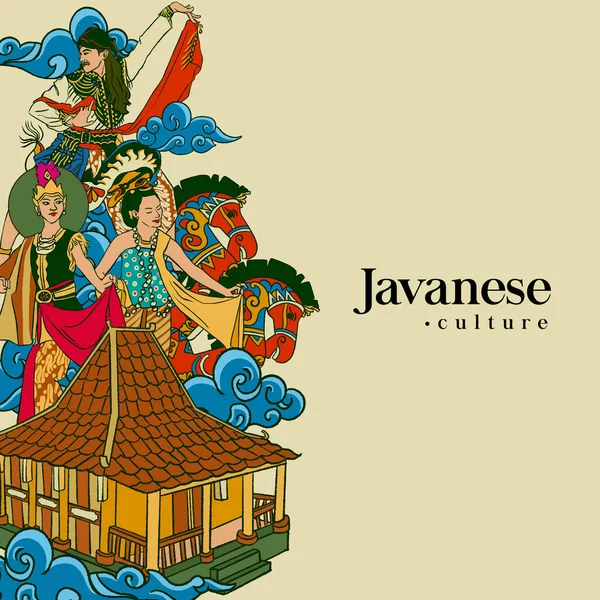 Set Javanese Illustration Hand Drawn Indonesian Cultures Background — Vector de stock
