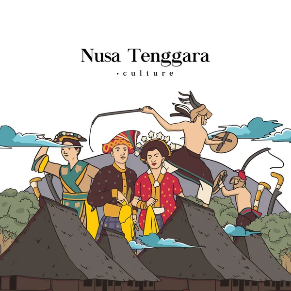 Set Nusa Tenggara Culture Landmark Illustration Hand Drawn Indonesian Cultures — ストックベクタ