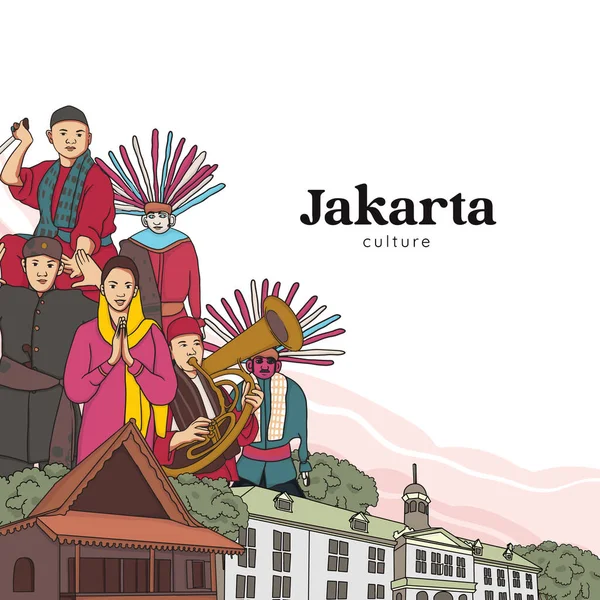 Set Jakarta Illustration Hand Drawn Indonesian Cultures Background — Vetor de Stock