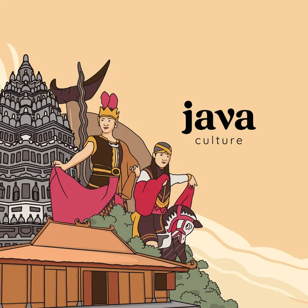 Set Javanese Illustration Hand Drawn Indonesian Cultures Background — ストックベクタ